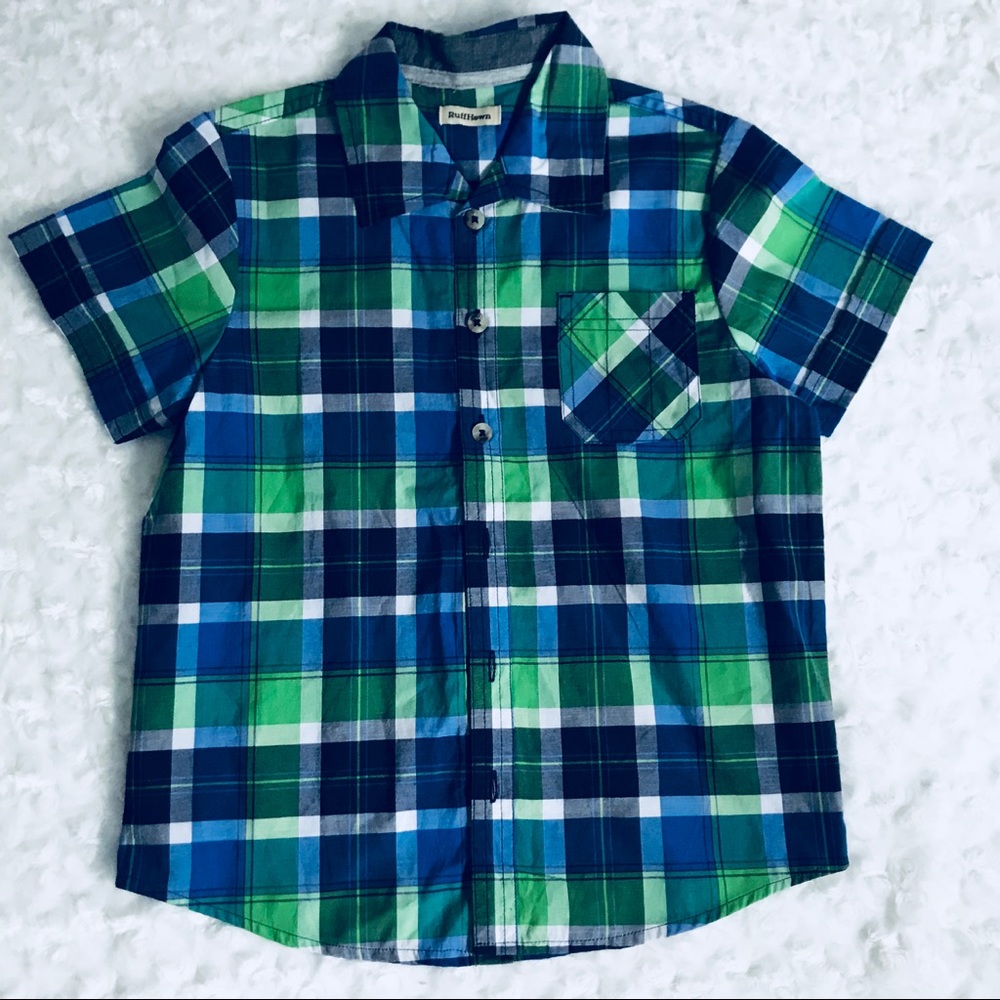 Boys 7 plaid blue and green button down shirt